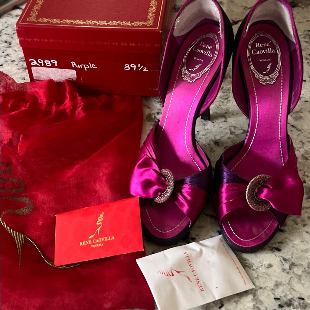 Rene Caovilla Fuchsia Satin Bow Heels With Crystal Buckles Sz 39.5
